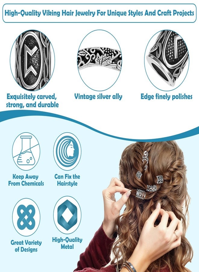 Jollidecor 247Pcs Viking Hair Accessories Norse Runes Tube Beads Metal Cuffs Clips Rings, Dreadlock Beads Braids Locs Hair Jewelry Set for Women Men Beard Decoration Bracelets Necklace DIY Silver - Image 2